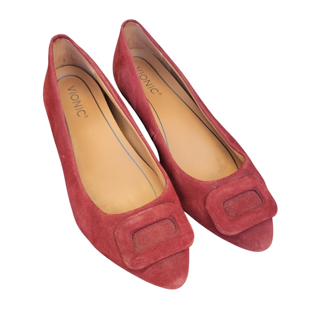 Vionic Amanda Burgundy Suede Pointed Buckle Flats Womens 7.5 Orthopedic Comfort